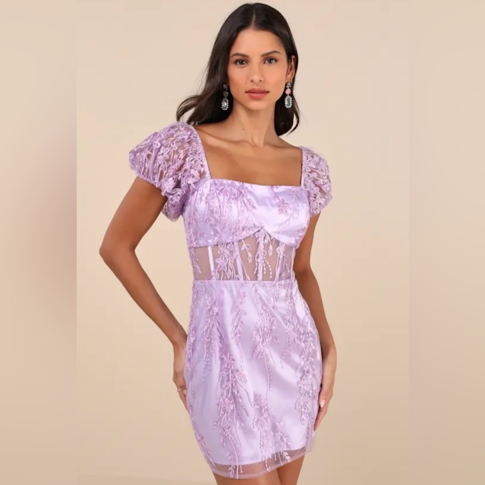 🆕 Lulus “Seriously Cute Lavender Embroidered Mesh Puff Sleeve Mini Dress”
